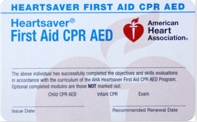AHA Heartsaver First Aid CPR AED 全球认可证书样本